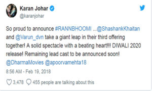 New Announcement Karan Johar will make a film with Varun Dhawan, the title of the movie 'Ranbhoomi'